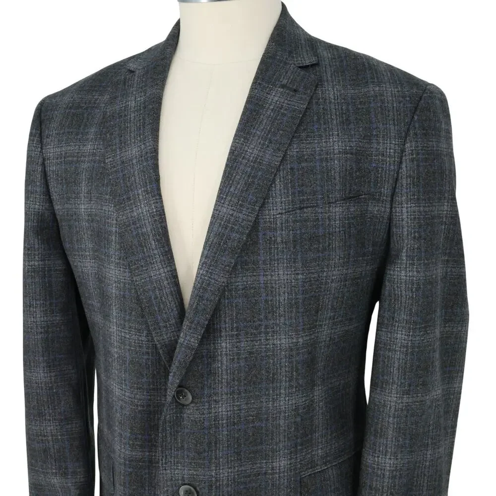 Joseph Abboud Sport Coat Mens 46R Gray Plaid Wool Jacket Lined Blazer Preppy